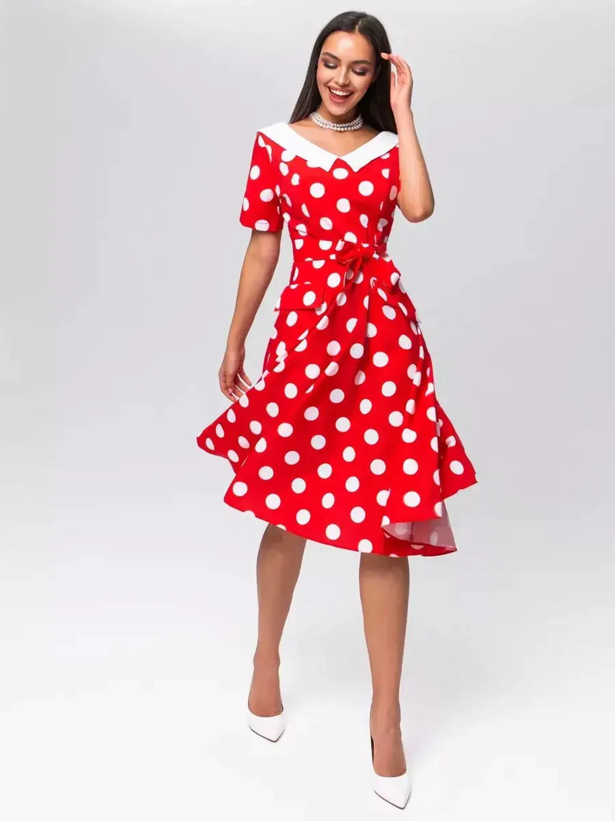 Red and white polka dot midi dress with a white collar, perfect for weddings, parties, and summer events.