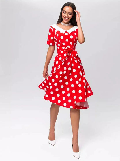 Red and white polka dot midi dress with a white collar, perfect for weddings, parties, and summer events.
