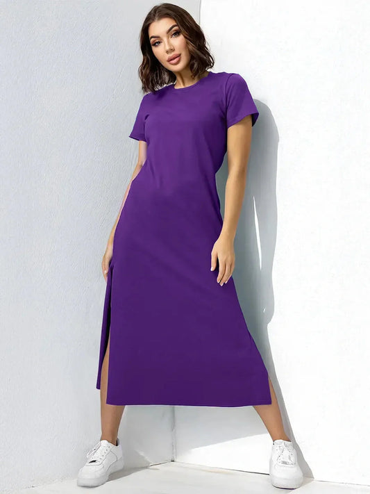 Purple side slit midi dress in soft cotton, perfect for casual days and stylish events.