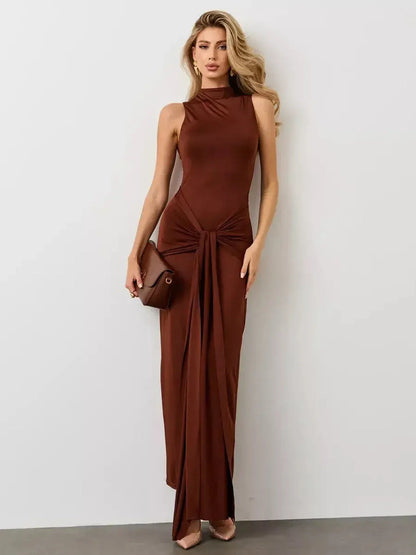 Elegant Mocha Muse Maxi Dress featuring a sculptural fit and seamless draped front knot, ideal for formal occasions.