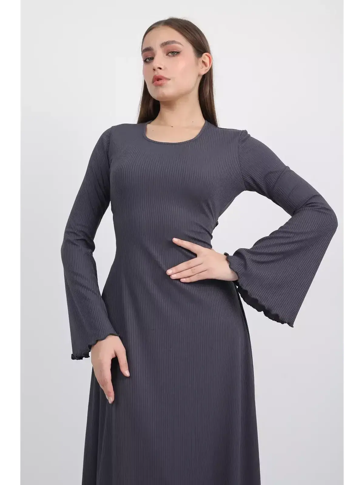Twilight Curve Midi Dress in charcoal grey with flared sleeves, perfect for wedding guest, formal, or summer occasions.