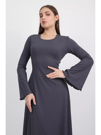 Twilight Curve Midi Dress in charcoal grey with flared sleeves, perfect for wedding guest, formal, or summer occasions.