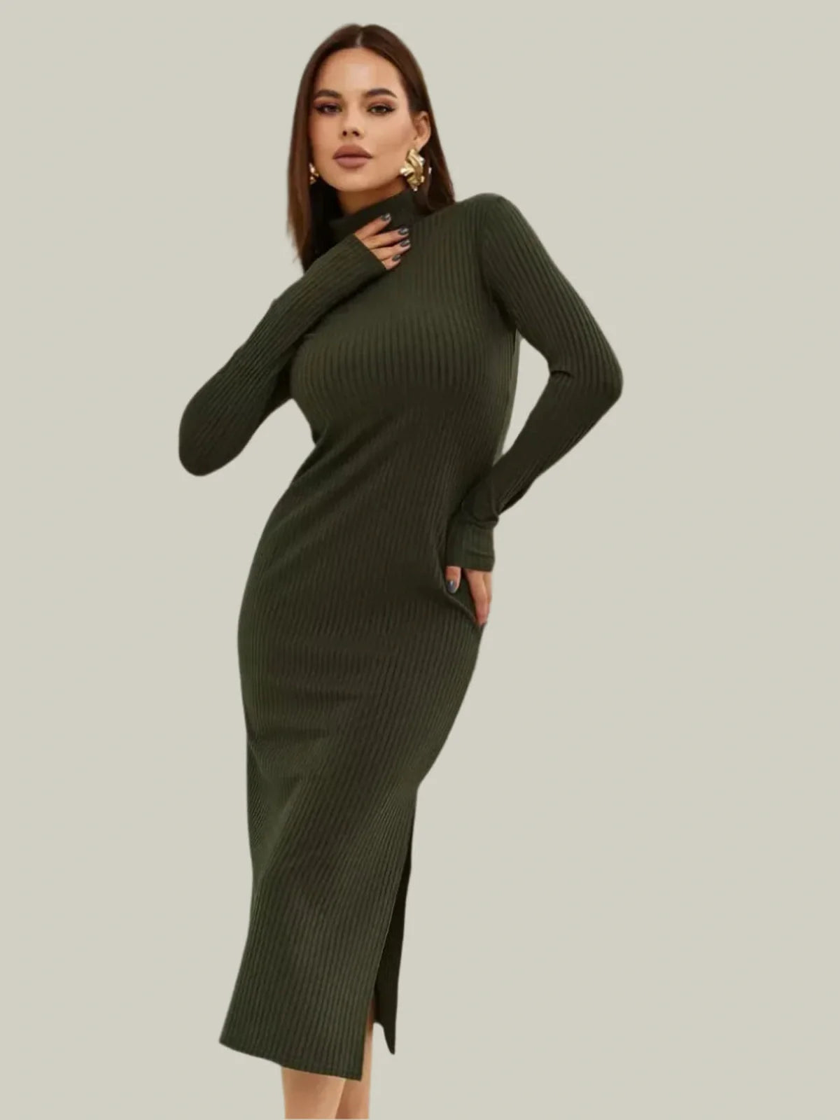 Olive Curve Midi Dress featuring a ribbed knit texture and elegant mock neck, perfect for chic gatherings and special occasions.