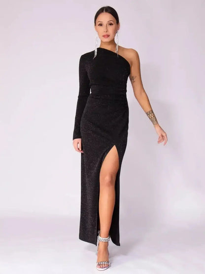 Black Luna Noir Maxi Dress featuring a one-shoulder design and dramatic leg slit, perfect for formal and evening events.