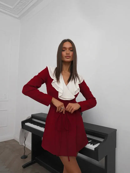 Ruffle Collar Mini Dress in burgundy with white ruffle neckline, perfect for weddings, proms, and formal events.