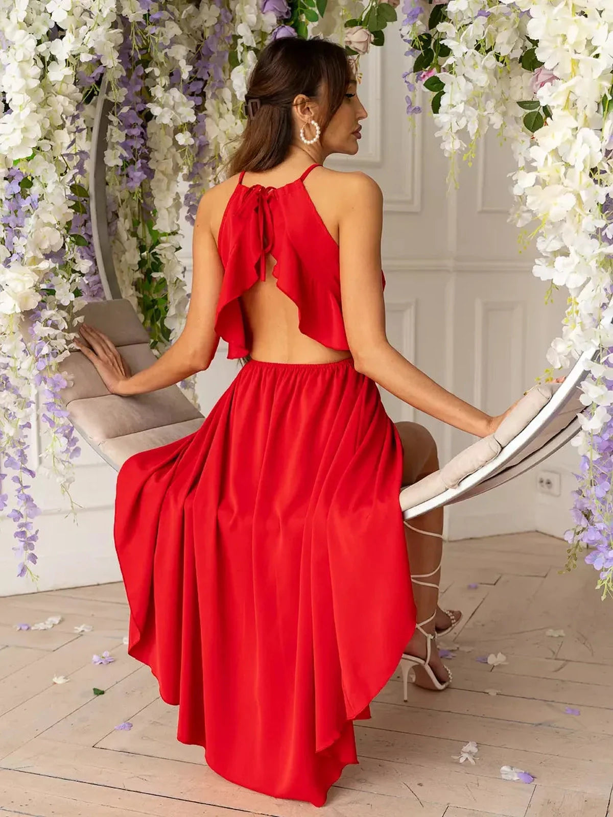 Elegant red Radiance Midi Dress with a halter neck and ruffled back, perfect for summer events and weddings.