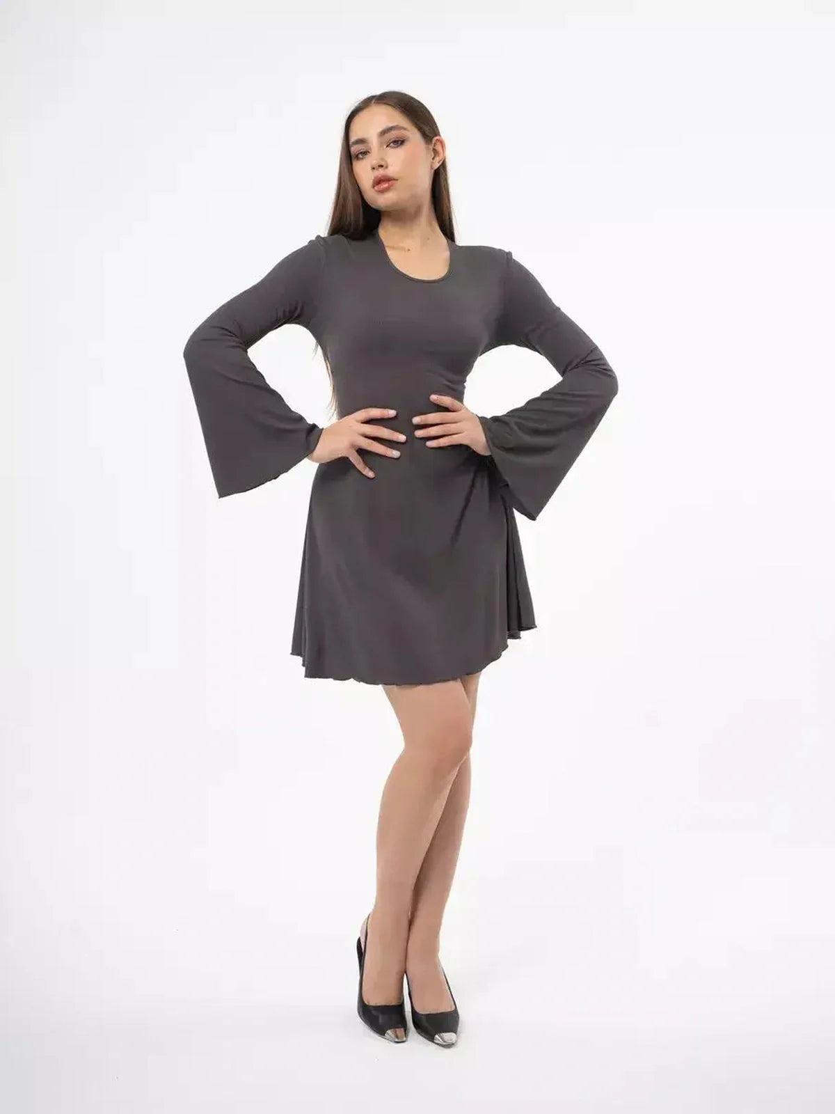 Graphite Tie Mini Dress with flared sleeves and sculpting silhouette, perfect for weddings or formal events.