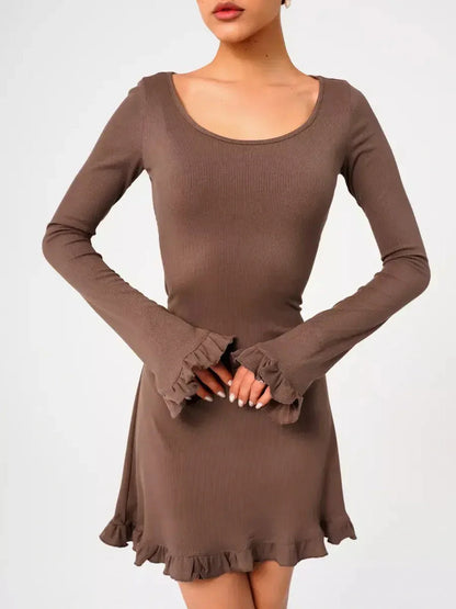 Mocha Flare ribbed knit mini dress with flared cuffs and ruffled hem, perfect for summer and formal events.