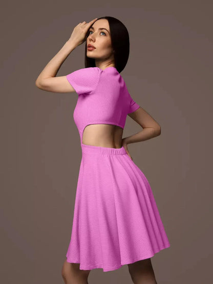 Cutout Charm Mini Dress in bright pink; fit-and-flare silhouette with open waist detail, ideal for summer occasions.