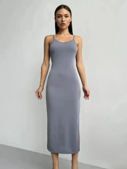 Sleek Sculpt Midi Dress in gray showcasing a body-contouring fit, perfect for summer events and formal occasions.