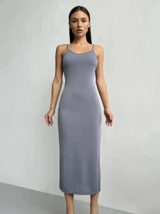 Sleek Sculpt Midi Dress in gray showcasing a body-contouring fit, perfect for summer events and formal occasions.