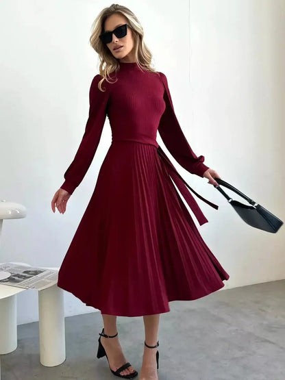 Elegant Crimson Grace Midi Dress with pleats and high neckline, perfect for weddings or formal events.