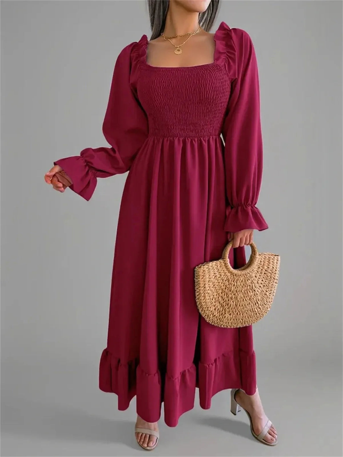 Elegant Velina Midi Dress in burgundy with square neckline and ruffled hem, perfect for weddings and special occasions.