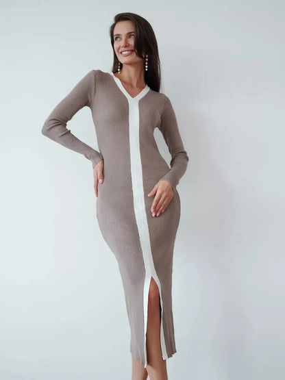 Contour Curve Midi Dress in cappuccino with front slit and ribbed knit, perfect for formal and casual events.