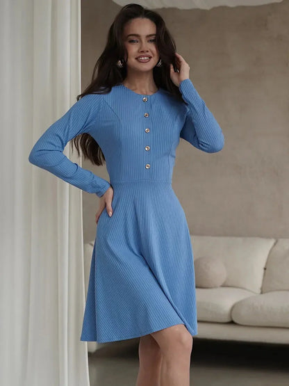 Skyline Muse mini dress in sky blue with button placket and A-line silhouette, perfect for summer weddings and casual elegance.