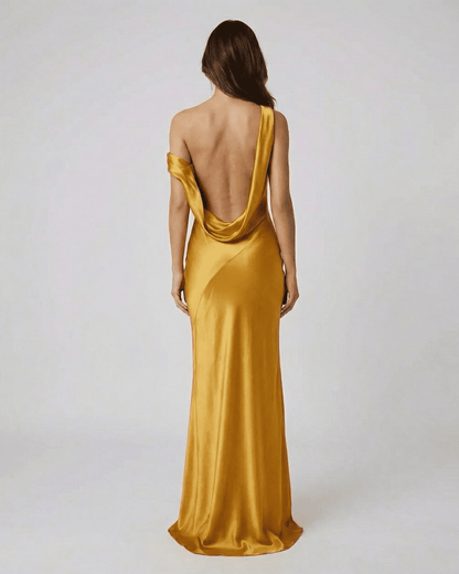 Aurelia Maxi Dress by Slimona — satin gold dress with open back and high waist, showcasing elegant silhouette from behind.