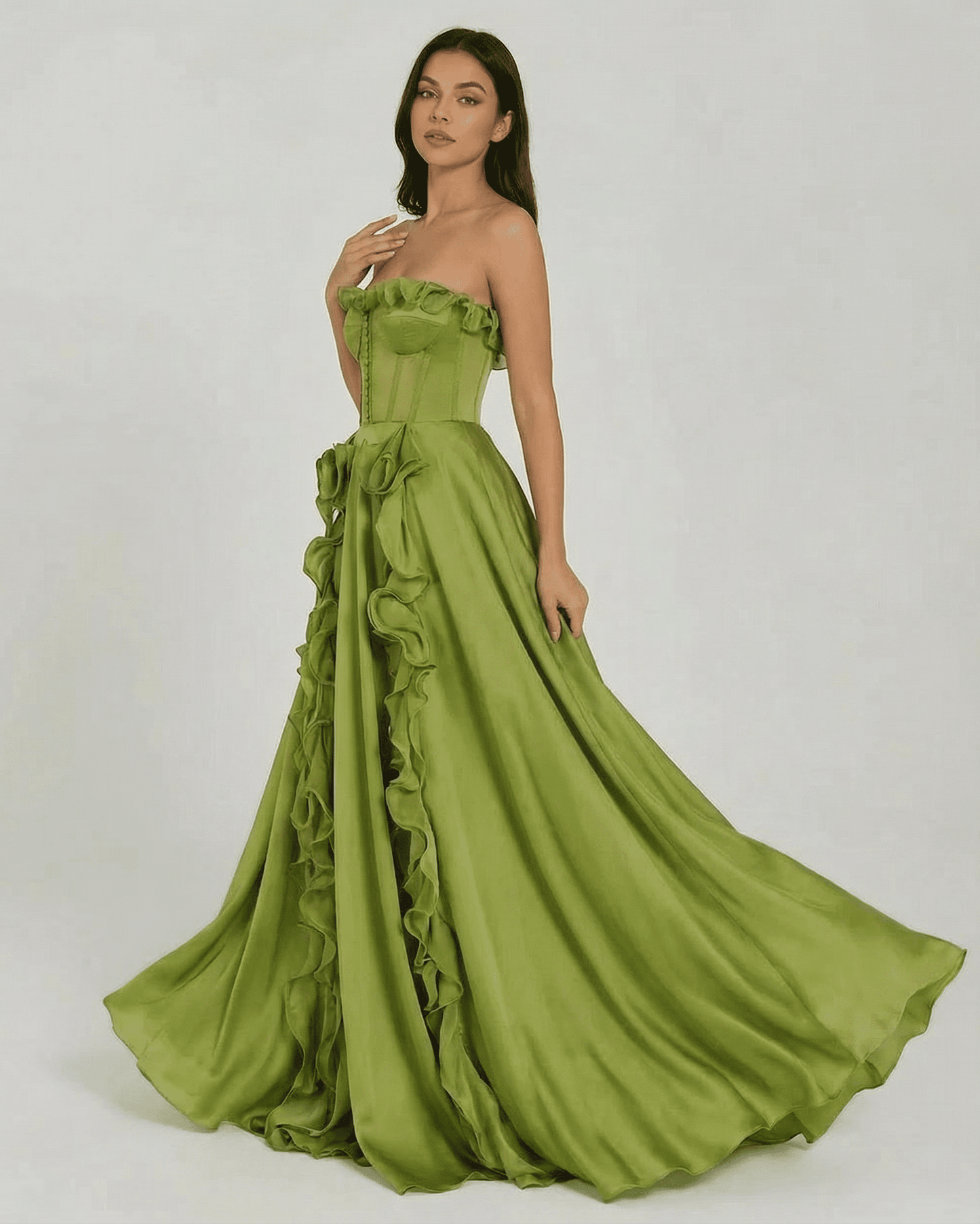 Elegant Verdessa Maxi Dress by Slimona, strapless green design with ruffles, perfect for formal occasions.