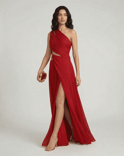 Caldera Maxi Dress by Slimona, one-shoulder red maxi dress showcasing a high waist and elegant side slit.