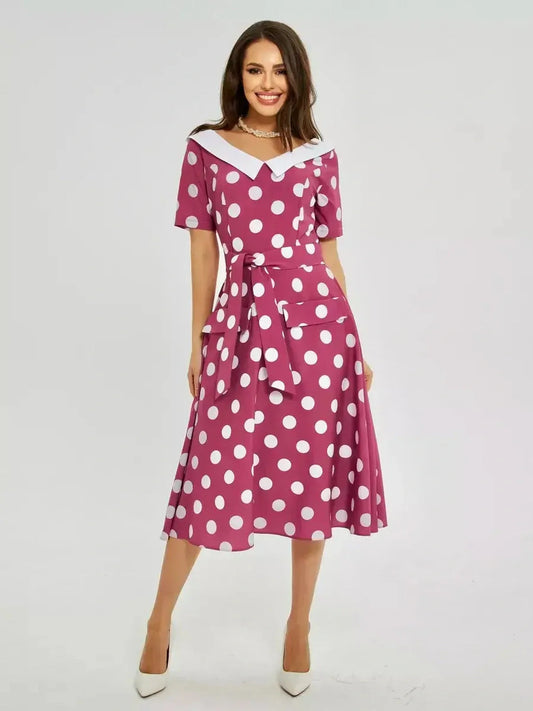 Retro dot midi dress in burgundy with white polka dots and collar, perfect for summer occasions and casual styling.