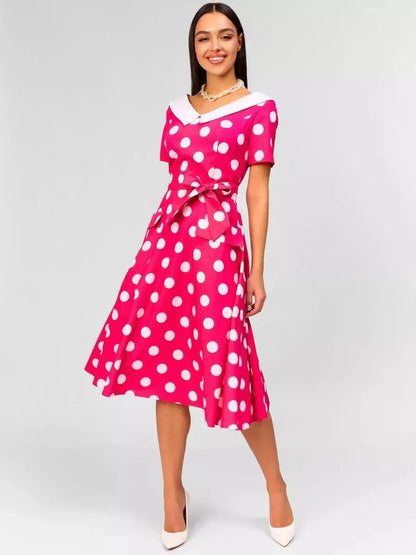Monaco Charm Midi Dress in pink polka dots with white collar, perfect for weddings, summer events, and formal occasions.