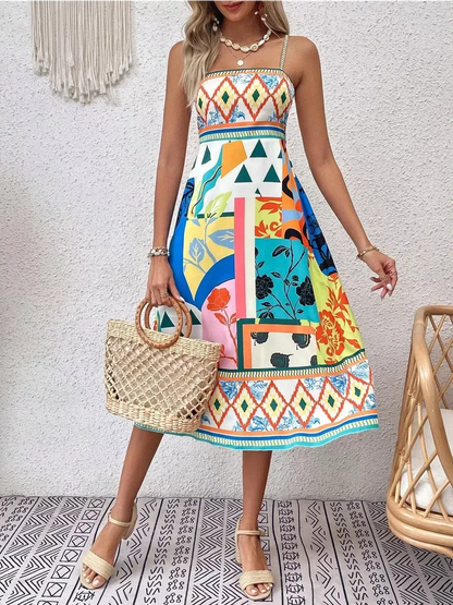 Colorful Festival Bloom Midi Dress featuring a vibrant patchwork design, perfect for summer occasions and weddings.