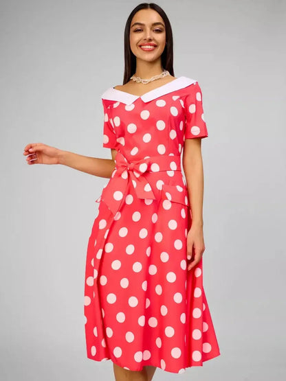 Sailor Chic Midi Dress in vibrant pink with white polka dots and a sailor collar, perfect for summer and special occasions.