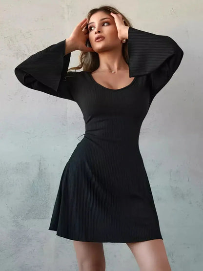 Sculpt Flare Midi Dress in black with bell sleeves, showcasing a chic U-neckline and flattering silhouette.