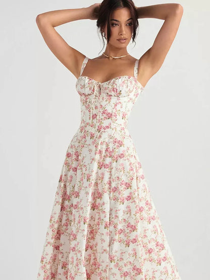 Rose Garden Midi Dress featuring a floral design, sweetheart bust, and A-line skirt, ideal for summer and weddings.