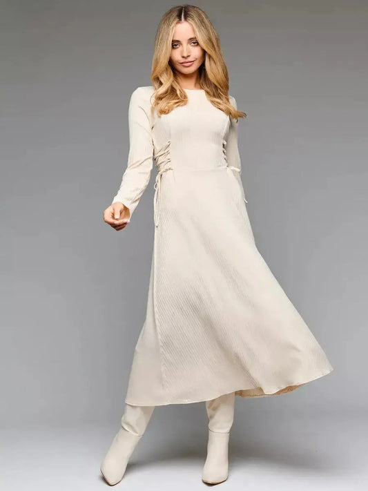 Ribbed Charm Midi Dress in soft cream, featuring long sleeves and adjustable side lacing, perfect for formal occasions.