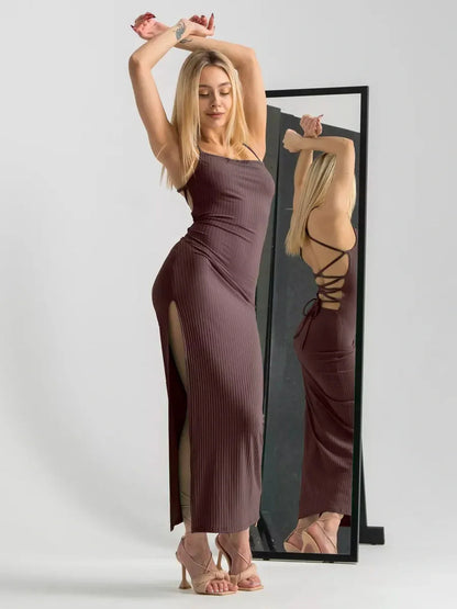 Obsidian Midi Dress featuring a strappy back, thigh-high slit, and sculpted fit, perfect for summer or formal occasions.