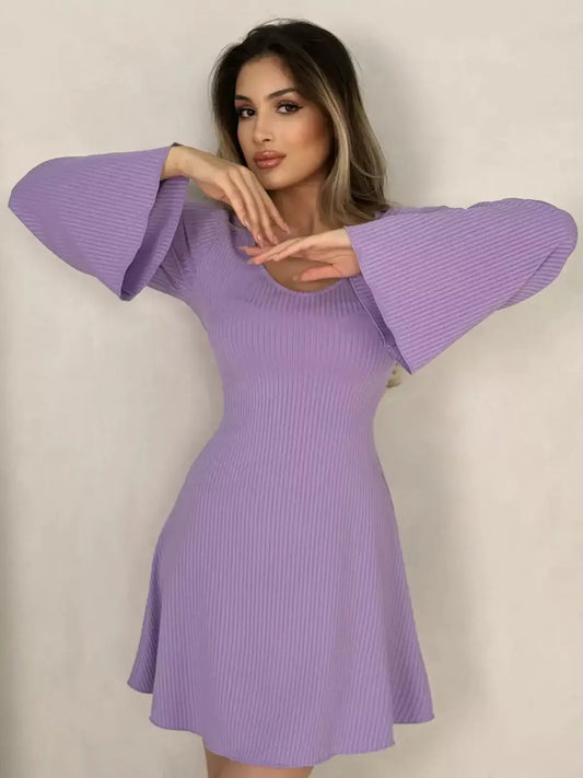 Lilac Grace Mini Dress featuring wide bell sleeves and a flattering fit-and-flare silhouette, perfect for weddings or casual outings.