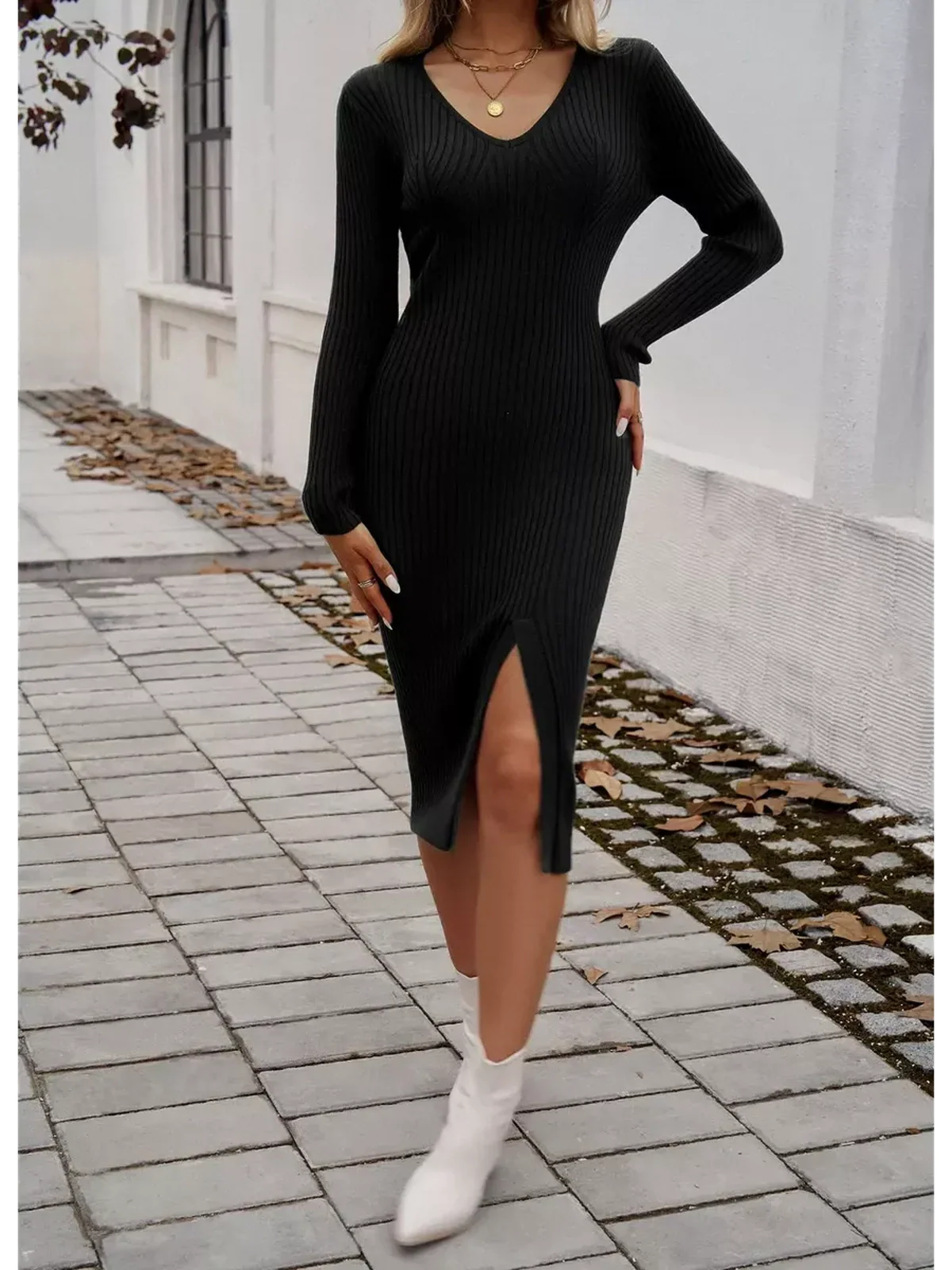 Sculpted Grace Midi Dress in black ribbed knit with side slit, perfect for summer or formal occasions.