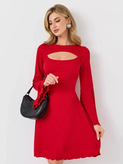 Red flare cutout mini dress with long sleeves, perfect for weddings, parties, and summer events.