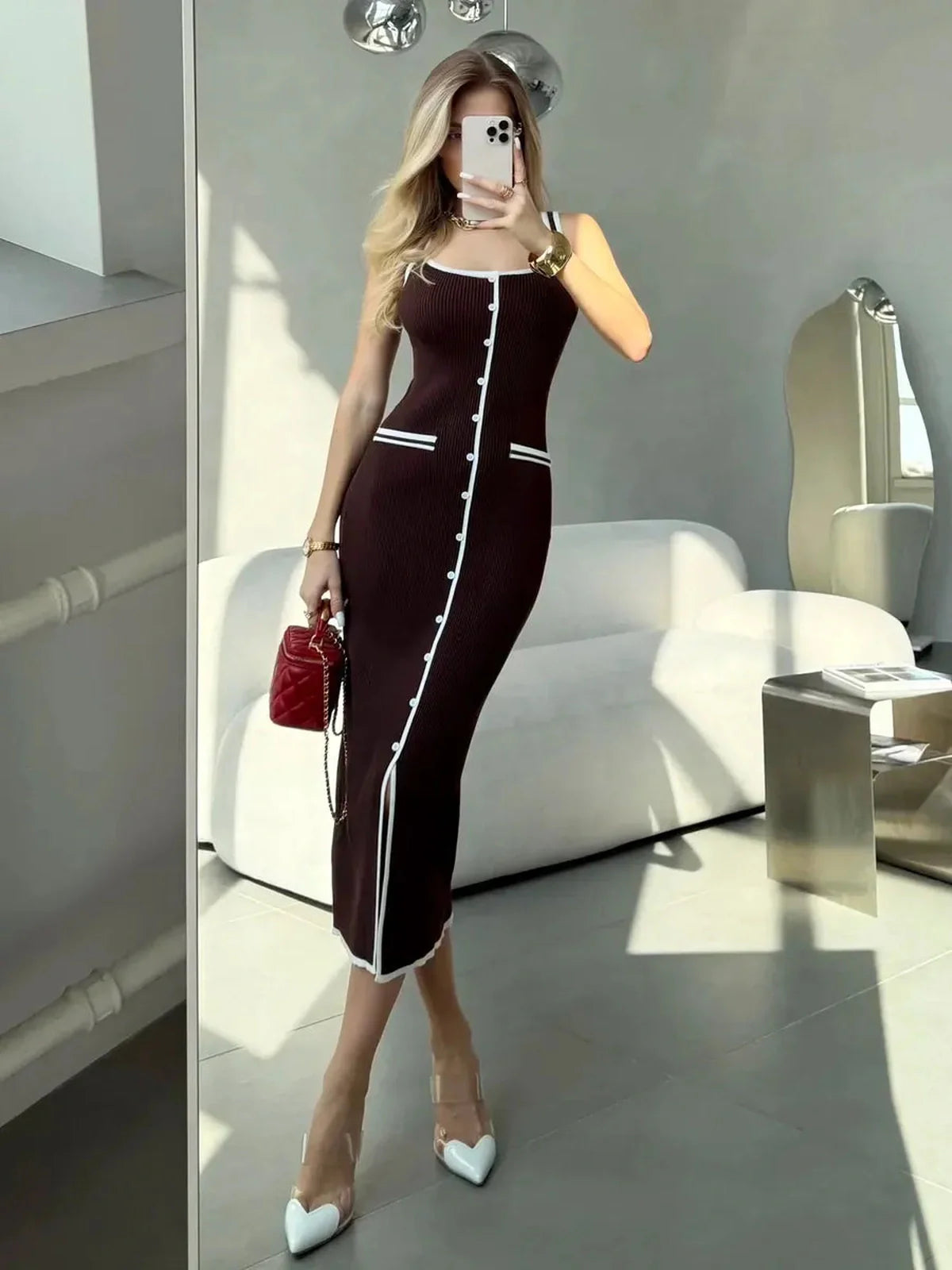 Elegant Cocoa Button Midi Dress featuring sculpted silhouette and chic contrast trim, perfect for summer events.