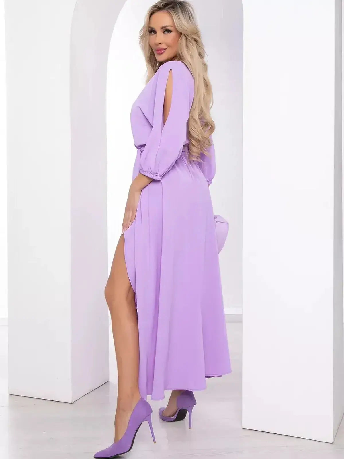 Luxe Lilac Midi Dress featuring elegant shoulder cutouts and a stylish slit, perfect for weddings and formal events.