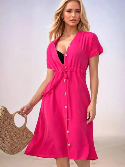 Radiance Midi Dress in vibrant fuchsia, a belted button-front style suitable for weddings, casual outings, or summer events.