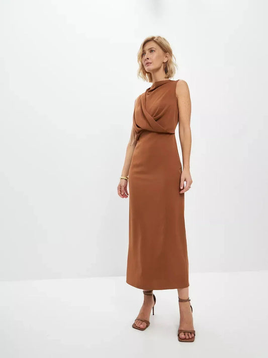 Sculpted Drape Maxi Dress in warm light brown showcasing fluid draping, perfect for weddings and formal occasions.