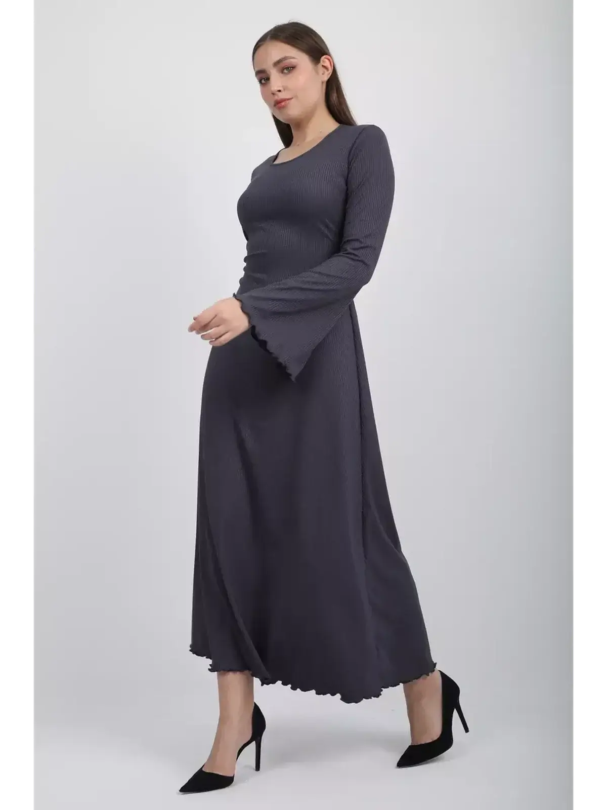 Twilight Curve Midi Dress in charcoal grey, featuring flared sleeves and a tie waist, ideal for formal or casual occasions.