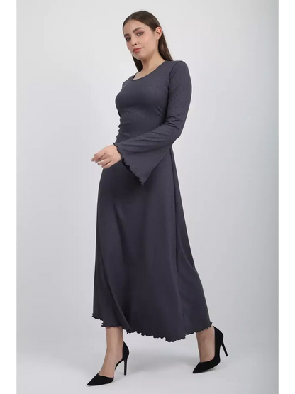 Twilight Curve Midi Dress in charcoal grey, featuring flared sleeves and a tie waist, ideal for formal or casual occasions.