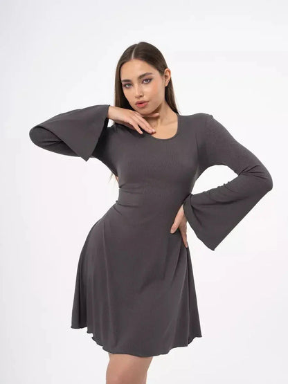Graphite Tie Mini Dress featuring flared sleeves and a sculpting silhouette, perfect for cocktail or summer events.