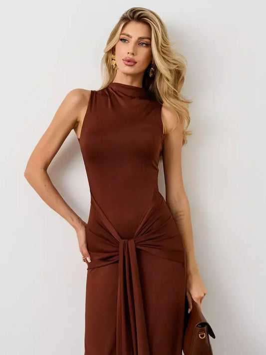 Mocha Muse Maxi Dress featuring a sculptural fit and draped front knot, perfect for elegant occasions and weddings.