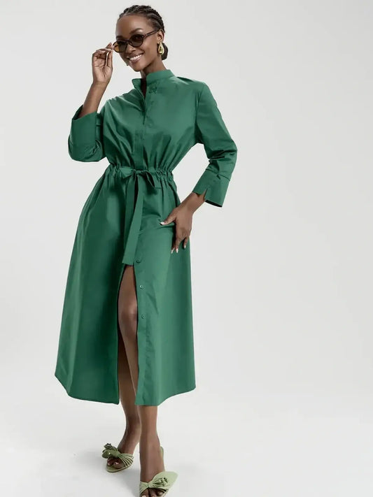 Emerald Ease Midi Dress showcasing a polished shirt style with a cinched waist and elegant silhouette, perfect for any occasion.