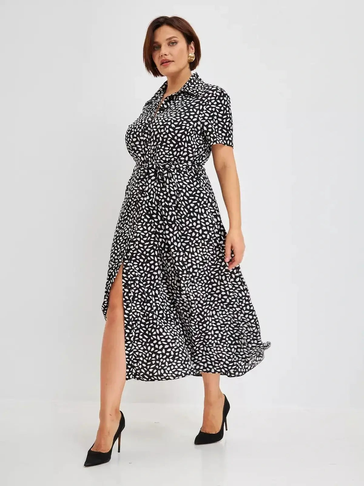 Monaco Midi Dress in black and white print, showcasing a chic shirt-dress silhouette perfect for women clothing and special occasions.