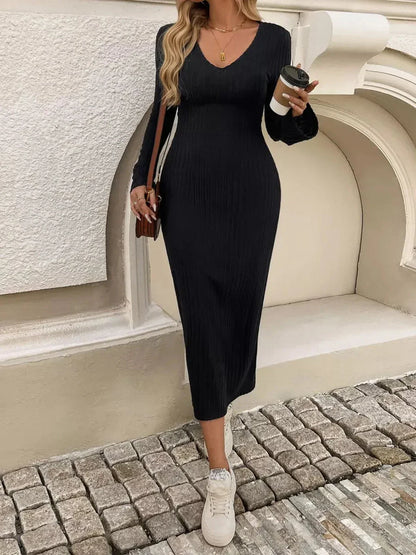 Sculpted Chic Midi Dress in black, featuring ribbed knit, bell sleeves, and a slim fit, perfect for casual outings or formal occasions.