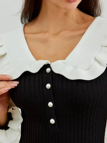 Monaco Midi Dress featuring pearl trim and ruffled collar, showcasing elegant ribbed knit fabric.