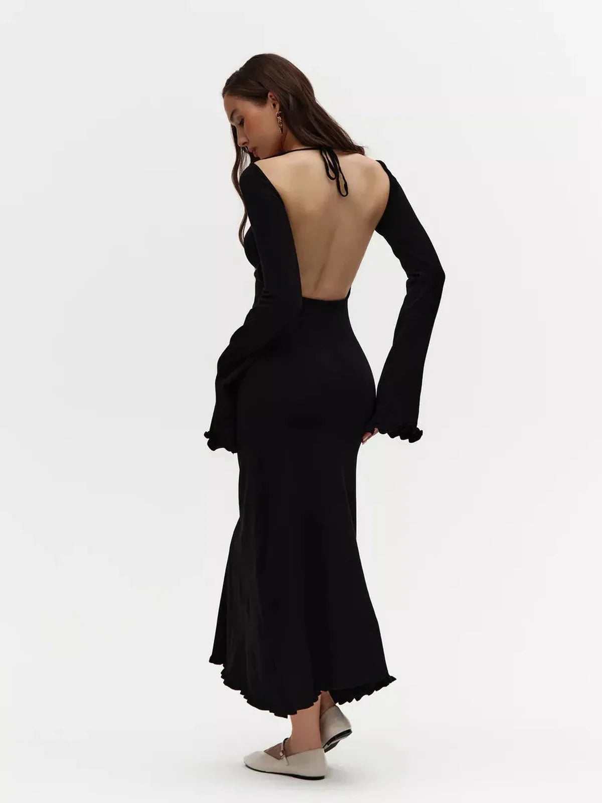 Noir Grace Midi Dress: alluring open back, long flared sleeves, elegant black dress for weddings or formal events.