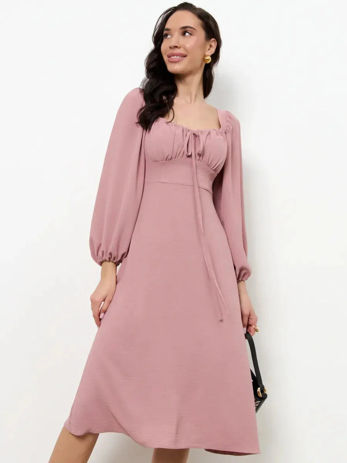 Romantic blush midi dress with puff sleeves and square neckline, perfect for weddings and summer events.