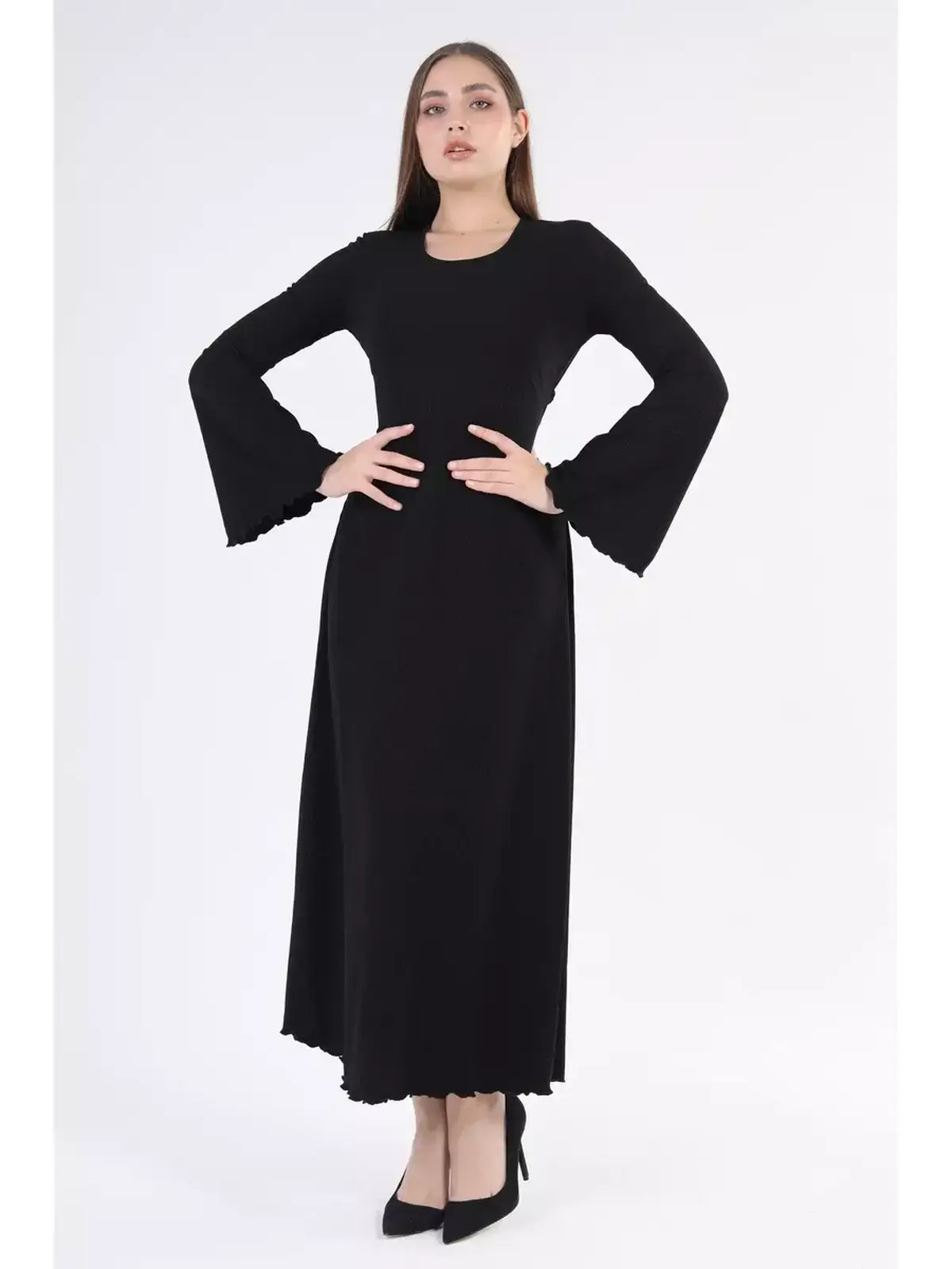 Noir Flare Midi Dress with elegant bell sleeves, perfect for formal events or wedding guest attire.