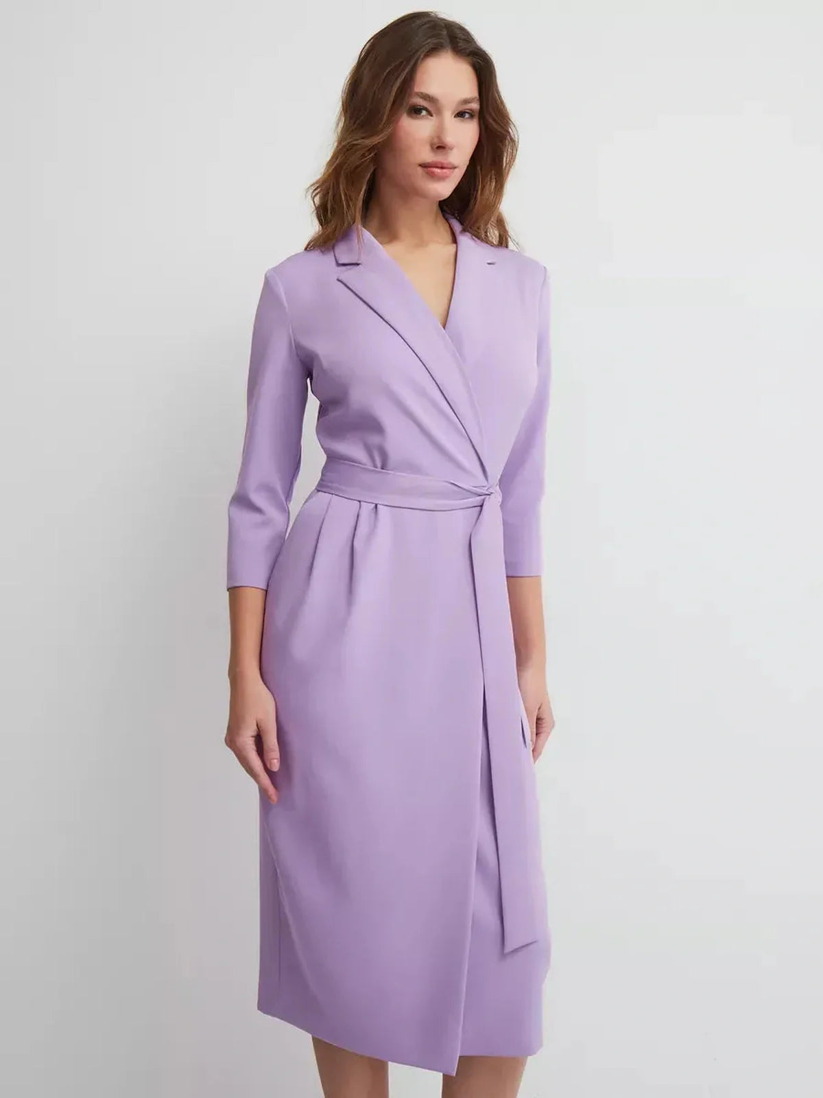 Lilac Grace Midi Dress featuring a tailored wrap design and elegant standing collar, perfect for weddings and formal events.