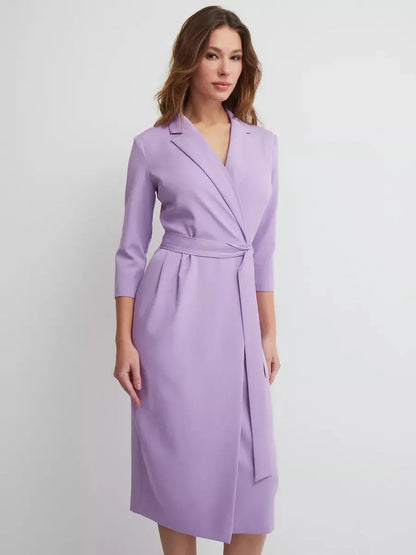 Lilac Grace Midi Dress featuring a tailored wrap design and elegant standing collar, perfect for weddings and formal events.